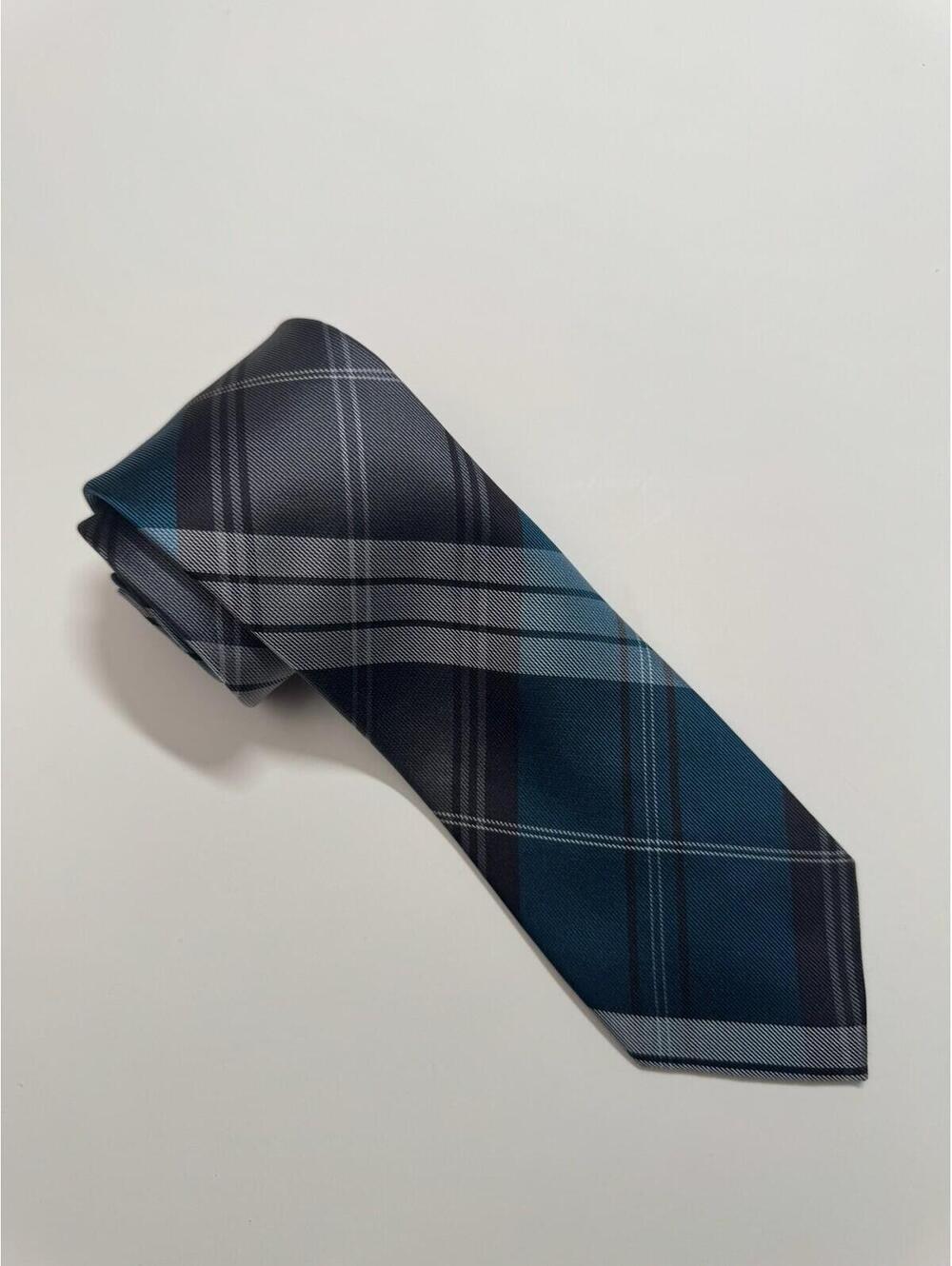 Kenneth Cole Reaction 100% Silk Skinny Tie In Blue & Grey Plaid